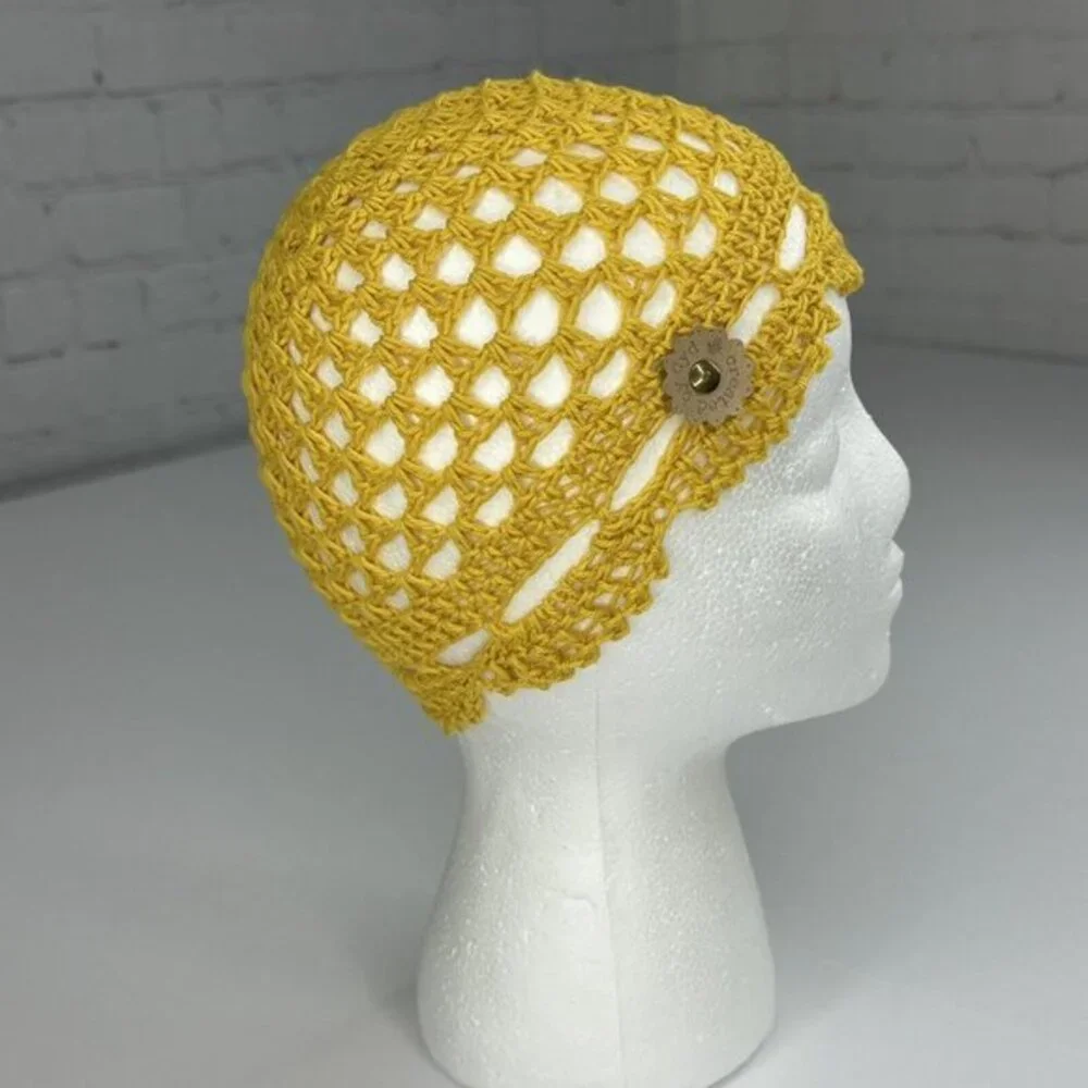 Created by Cyd Juliet Yellow Crochet Beanie Open Knit Cotton‎ Scalloped Hat New